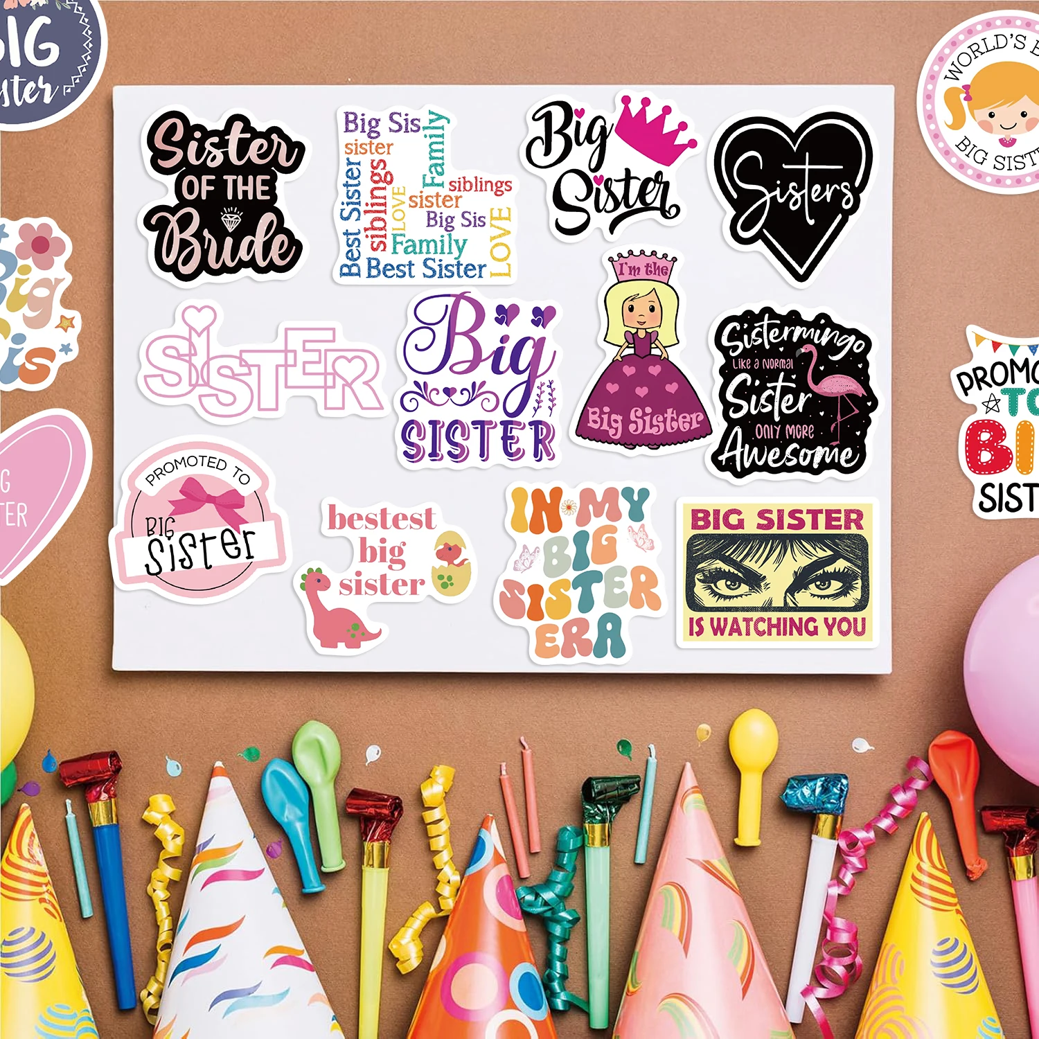 50 ชิ้น Big Sister สติกเกอร์ Graffiti ไวนิลสติกเกอร์สติ๊กเกอร์แบบใช้ซ้ําได้สําหรับแล็ปท็อปขวดน้ํากระเป๋าเดินทางที่มีสีสันการออกแบบสนุก