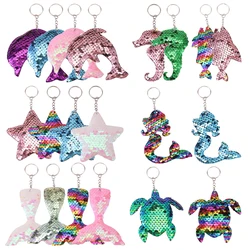 20Pcs Mermaid Sequin Keychains, Sparkling Flip Sequin Ocean-Themed Key Rings, Starfish Turtle Fish Tail Animal Shapes