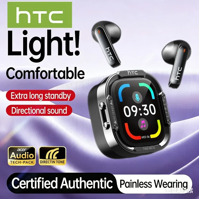 Auriculares Bluetooth HTC NE70 con Pantalla Táctil, Auriculares Inalámbricos TWS, Traductor IA, Reducción de Ruido, Auriculares para Juegos