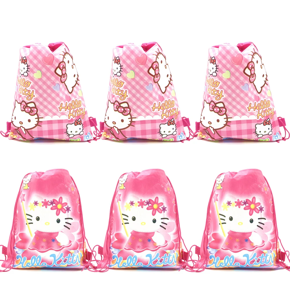 Hello Kitty Cartoon Non-woven Kids Girls Birthday Party Gift Shopping Bag Drawstring Backpack New Years Christmas Party Supplies