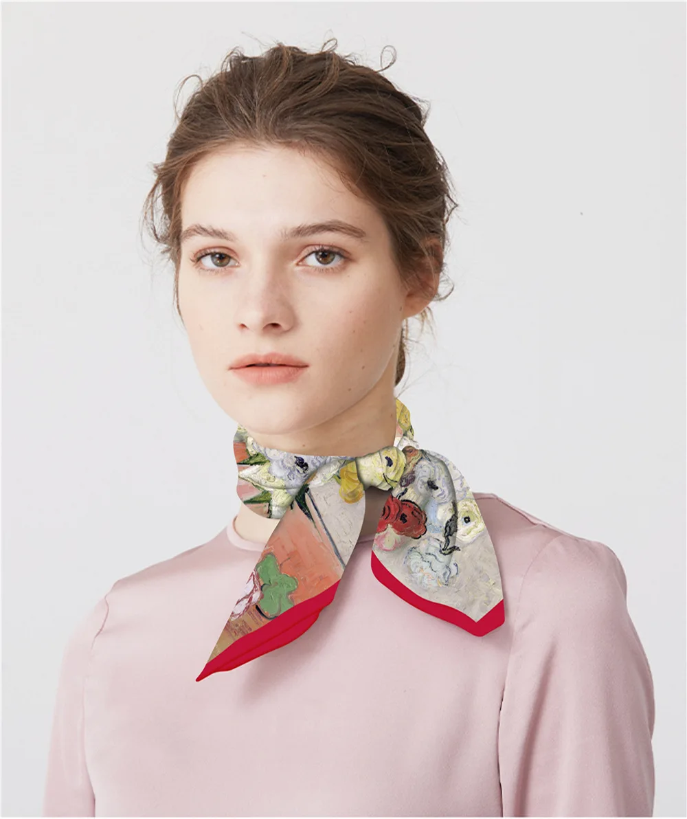 Flower Oil Painting Women Scarf Wraps Twill 100% Silk Scarf 53cm Square Scarves Fashion Head Scarf Hijab Neckerchief Bandana