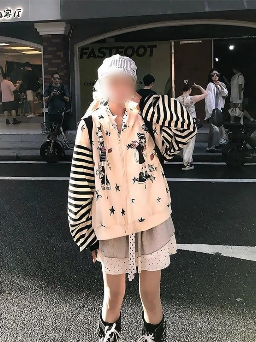 

Design-Sensual Retro Striped Star Print Hooded Sweatshirt Cardigan Women Spring Autumn New Loose Casual Versatile Jacket