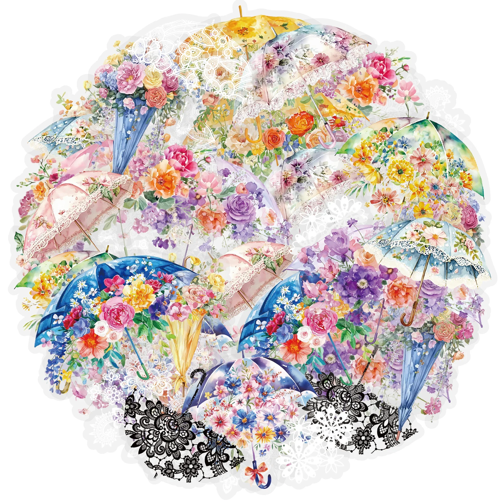 Etori Life Rainy Day Flower Language 15Pcs Watercolor Umbrella Lace Journal Decoration Stickers Ins Style Simple Decorative Stickers for Notebooks, Phone Stickers, Photo Albums, Office Decoration Accessories, Room Decoration, Scrapbooking Supplies, Card Making, Art Parties, Pencil Cases, Student Stationery Stickers, Children's Stickers, Back-To-School Season