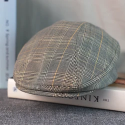 Gray Plaid Newsboy Hat Linen Cotton Womens Mens Ivy Cap Cabbie Driver Hat Spring Autumn Flat Hats Vintage Gatsby Beret A-53