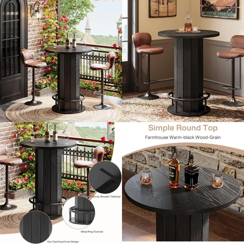 

39.4 High Wooden Bistro Pub Table with Metal Ring Footrest for Dining, Coffee, and Living Spaces, Black