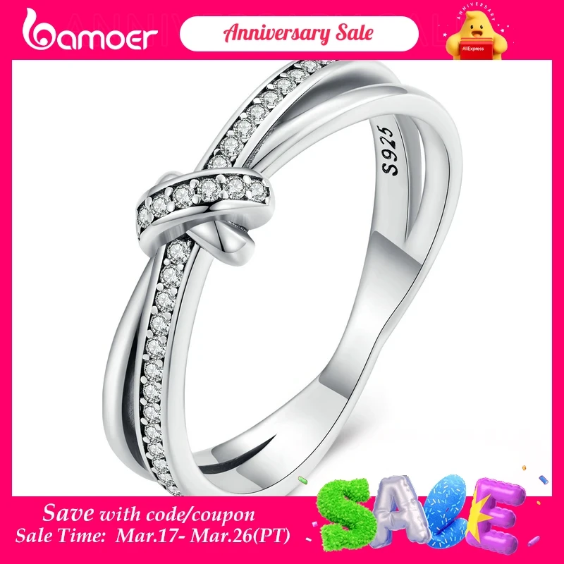 BAMOER 925 Sterling Silver Double Layer Knot Finger Ring Stackable Rings for Women Original Design Fine Jewelry SCR896 2 Colors