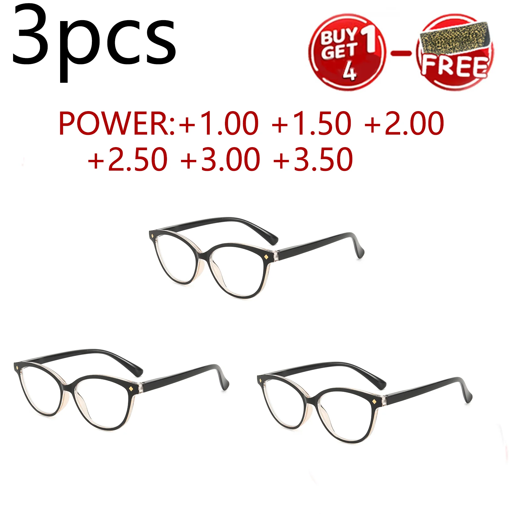 Gafas de lectura tipo ojo de gato de 3 piezas: detalles exquisitos del remache, bisagras de resorte para un mejor ajuste