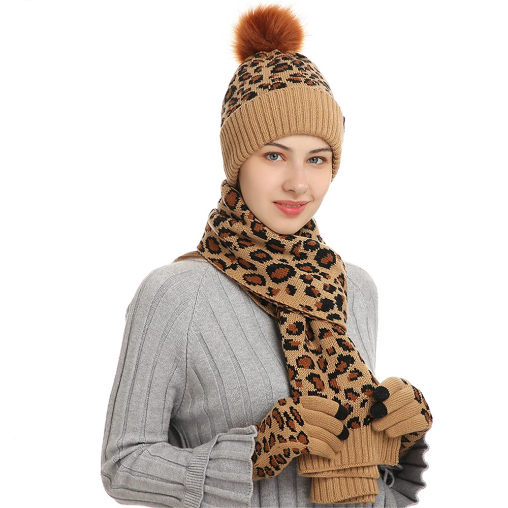 Women's Winter Keep Warm Set Fleece Lining Beanie Telefingers Gloves Thicken Scarf Knitted Muffler Hat Leopard Neckerchief