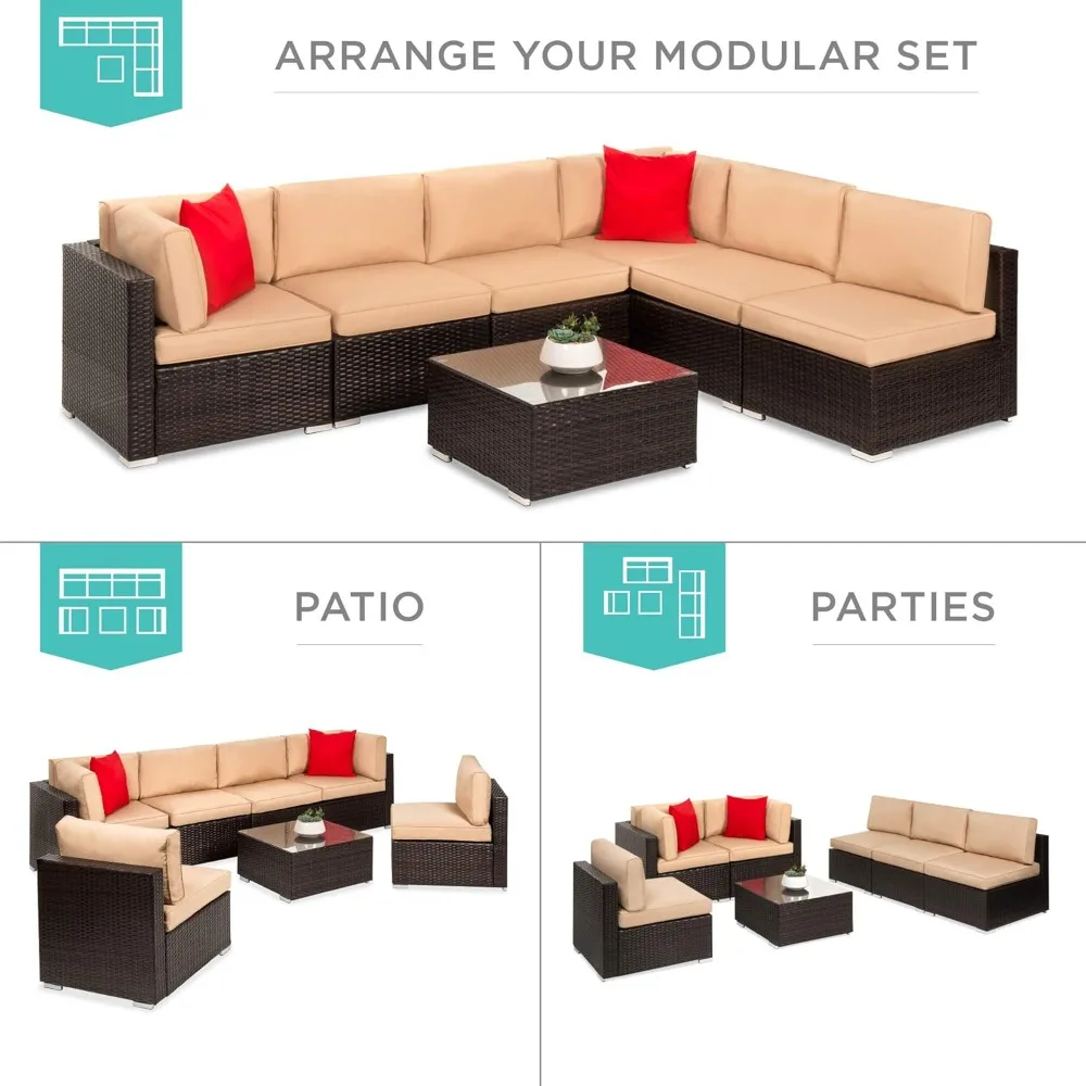 7-Piece Modular Outdoor Sectional Wicker Patio Conversation Set w/ 2 Pillows, Coffee Table, Cover Included