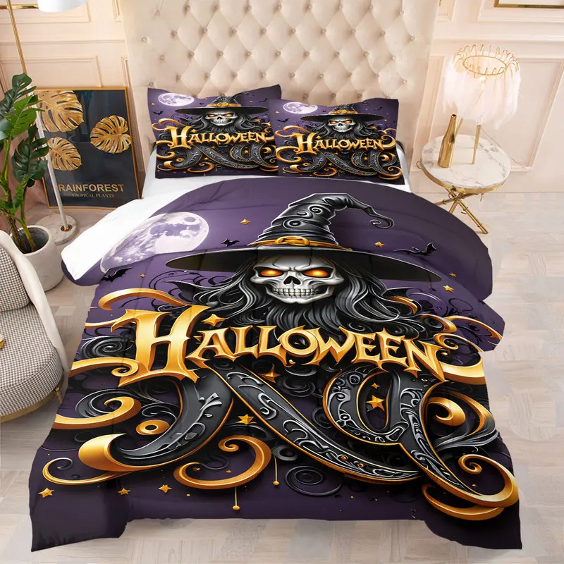 Happy Halloween Comforter Set Fashion Castle Pumpkin Skeleton Spider Print Bedding Set Cozy Quilt Set Bedroom Decor Holiday Gift