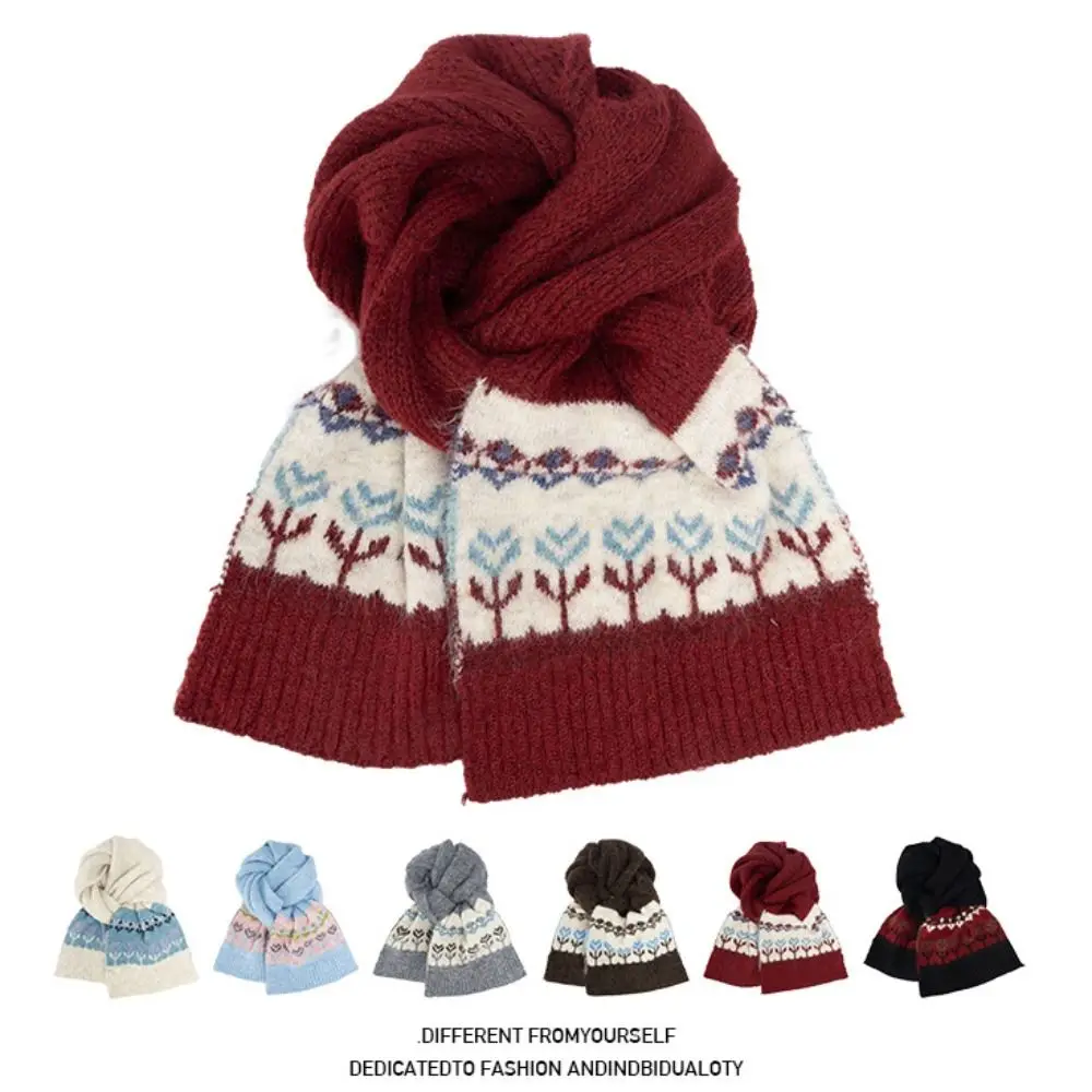 Elegant Wool Jacquard Knitted Scarf Floral Plush Winter Cashmere Scarves Korean Style Warm Fair Isle Style Shawl Girl