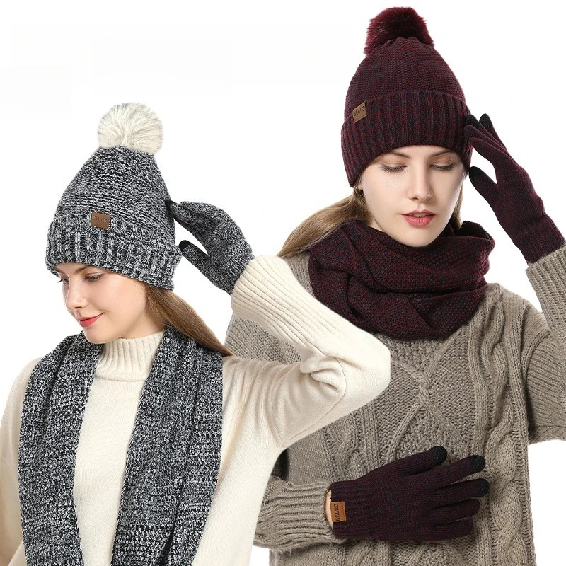 Women Winter 3Pcs Fleece Lined Knit Set Pom Pom Beanie Infinity Scarf Touch Screen Gloves Thick Warm AB Yarn Cold Weather Outfit