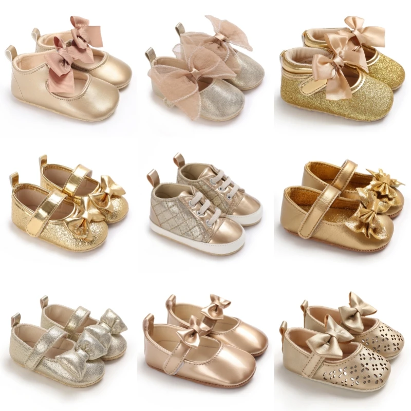 

Girls' Golden Theme Newborn Shoes Fashion Golden Princess Shoes Soft Sole Anti Slip Preschool Shoes 0-18M First Walker