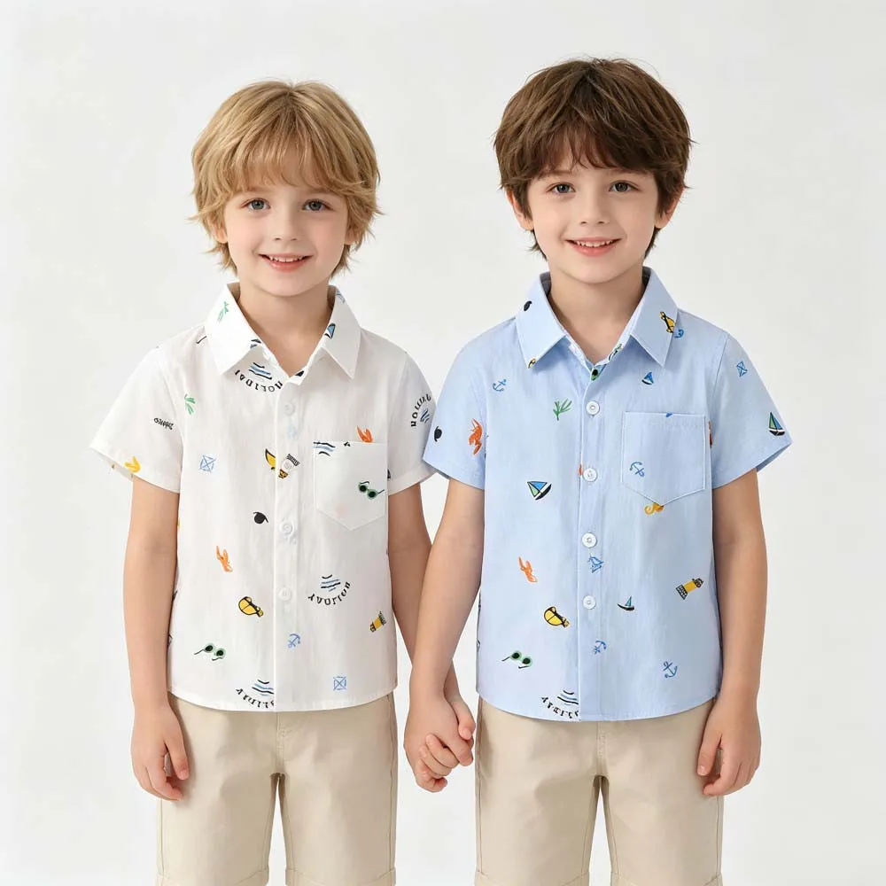 Summer Boys Short Sleeve Shirt Sailboat Anchor Print Cotton Turn‑down Collar Kids Casual Beach Shirts Tops Children Clothing