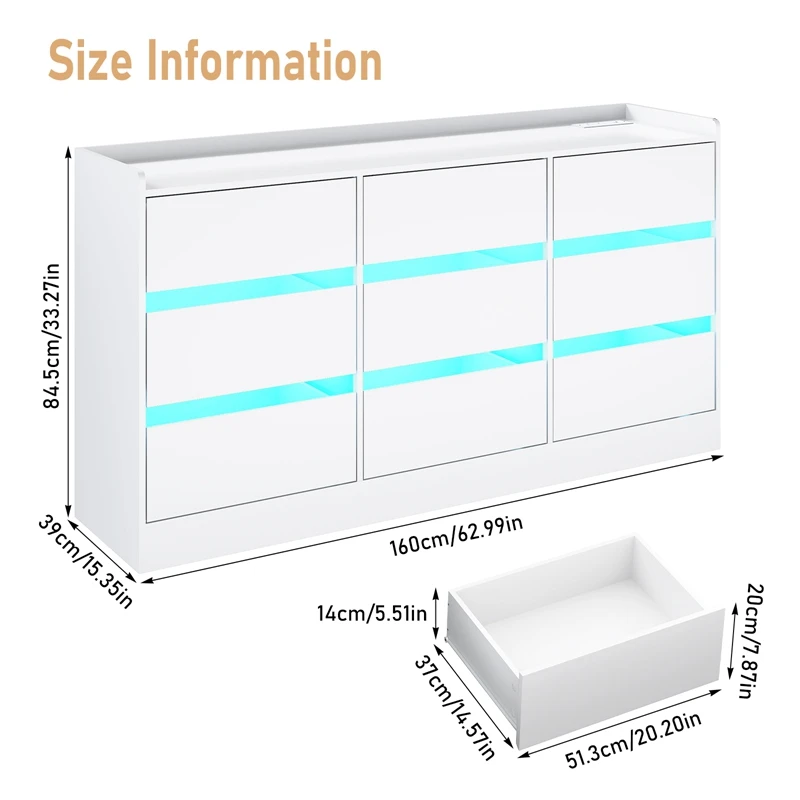 9 Drawer Dresser with Power Outlet & LED Light, Modern Chest of Drawers for Closet, 63" Drawer Organizer Cabinet for Bedroom image 6