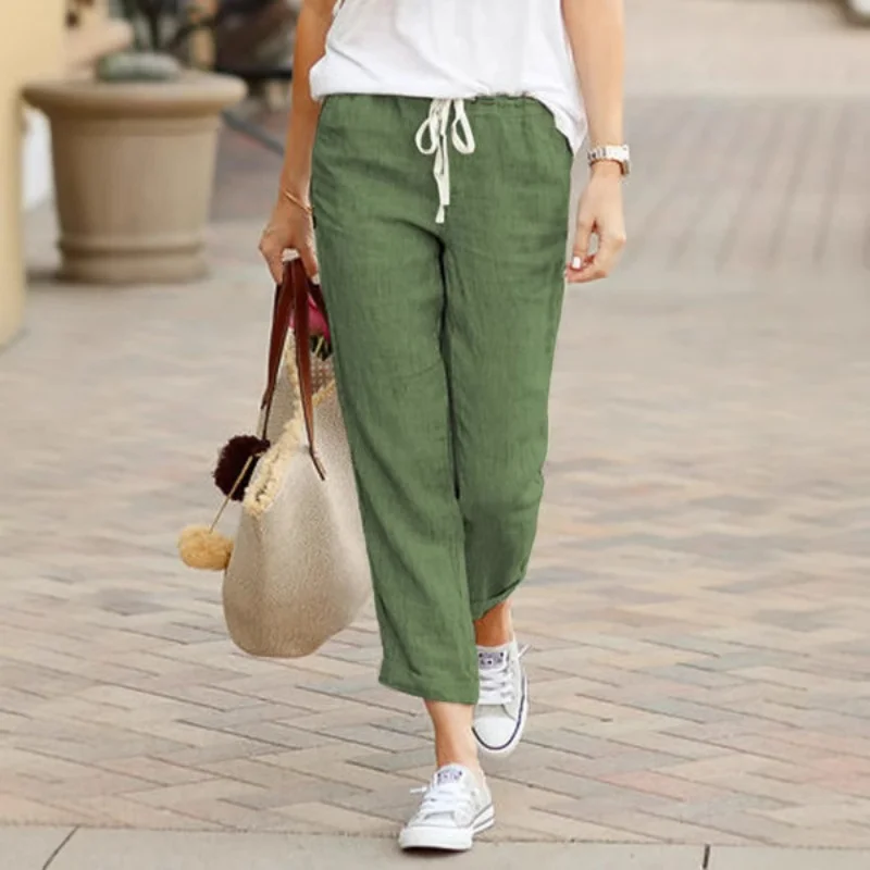 

2026 Casual Pants Women Spring Summer Solid Color High Waist Drawstring Elastic Ankle-Length Pants Female Pockets Harem Trousers