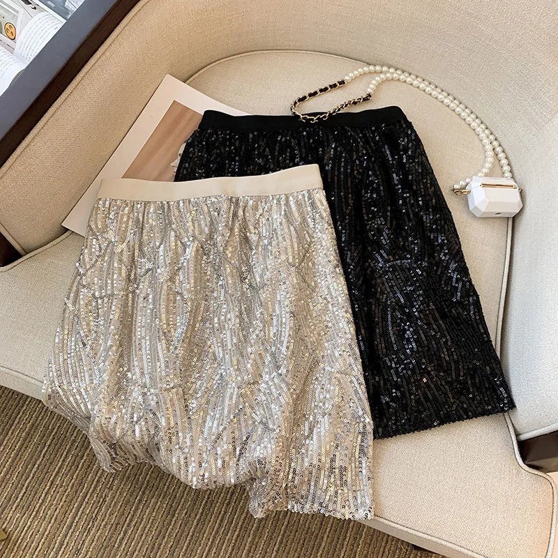 Girls Autumn New Sparkling Sequin Half Skirt A-line Short Skirt Korean Fashionable Elastic Waist Straight Leg Short Skirt