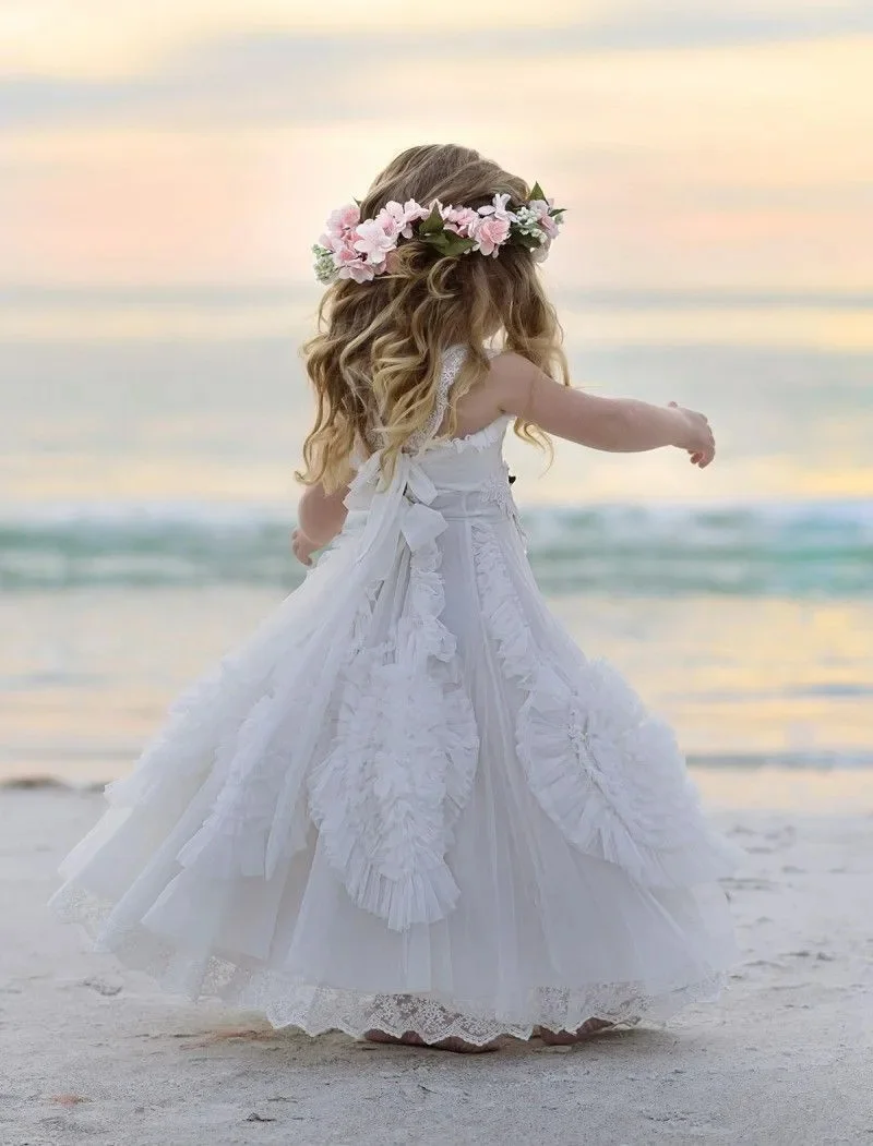 

White Tulle Sleeveless Applique Flower Girl Dress For Wedding Lace Floor Length Child First Eucharistic Birthday Party Dresses