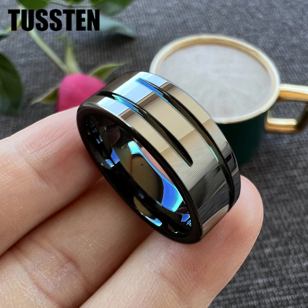 Dropshipping TUSSTEN 8MM Men Women Flat Wedding Band Tungsten Finger Ring 2 Grooves Finish Great Workmanship Comfort Fit image 3