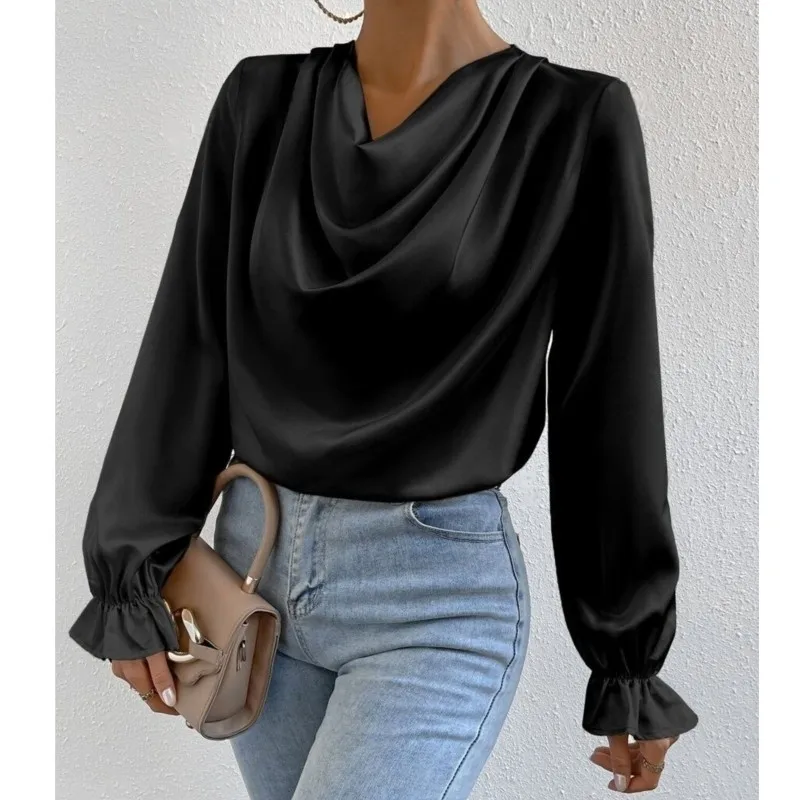 2025 Women Blouses Chiffon Folds Elegant Y2k Tops Long Sleeve Round Neck Shirt Pleated Shirts Pullover Office Work Tops Outfits