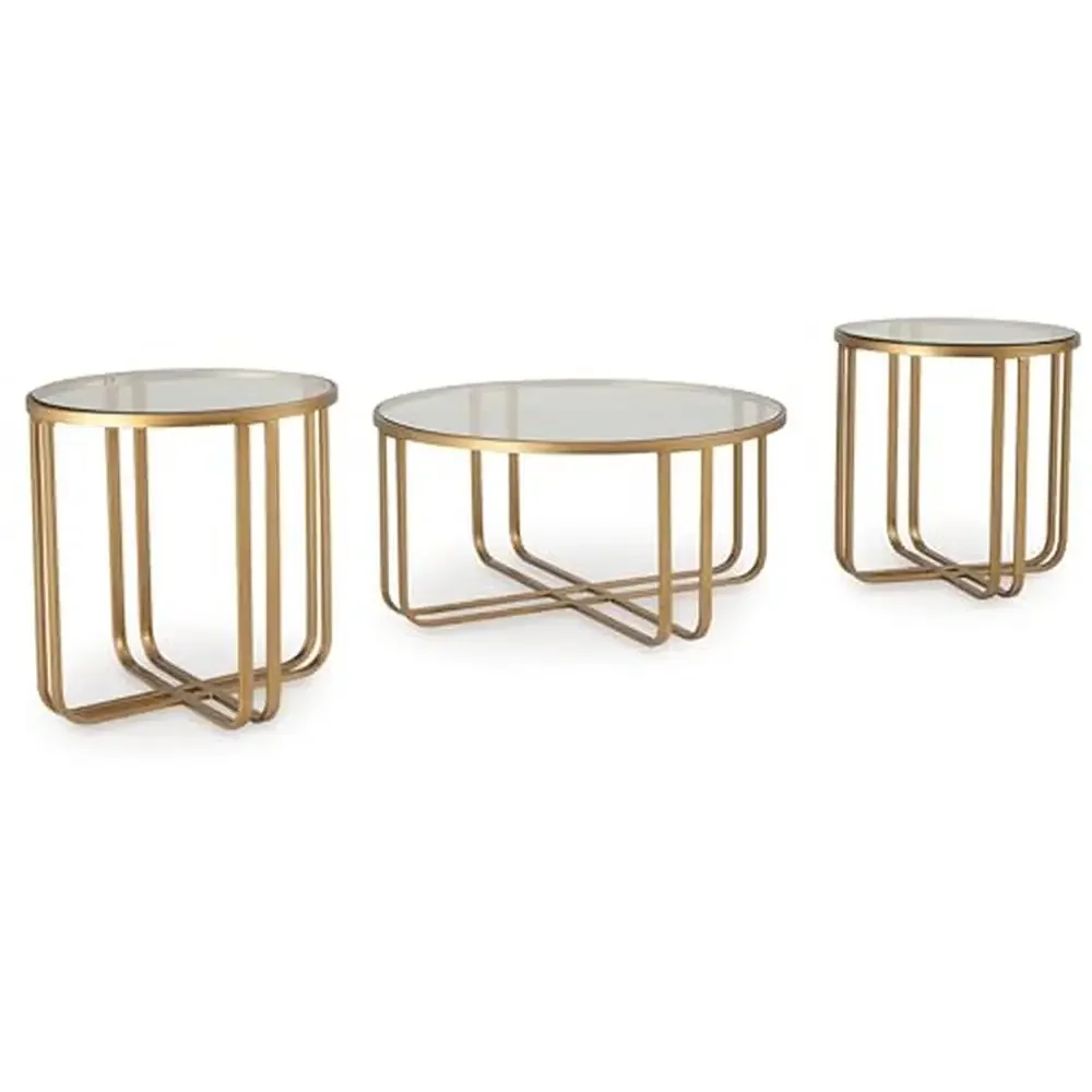 Industrial Glass-Top Table Set of 3 Metallic Finish Trendy Goldtone Frames Durable Powder Coat Tempered Glass Tops Versatile