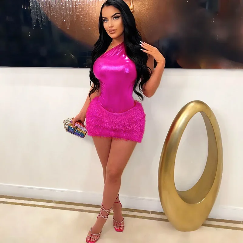 Sexy One Shoulder Bodysuit Top and Skirt 2 Piece Set Women Night Club Birthday Outfits Party Slim Elegant Mini Dress Short Set