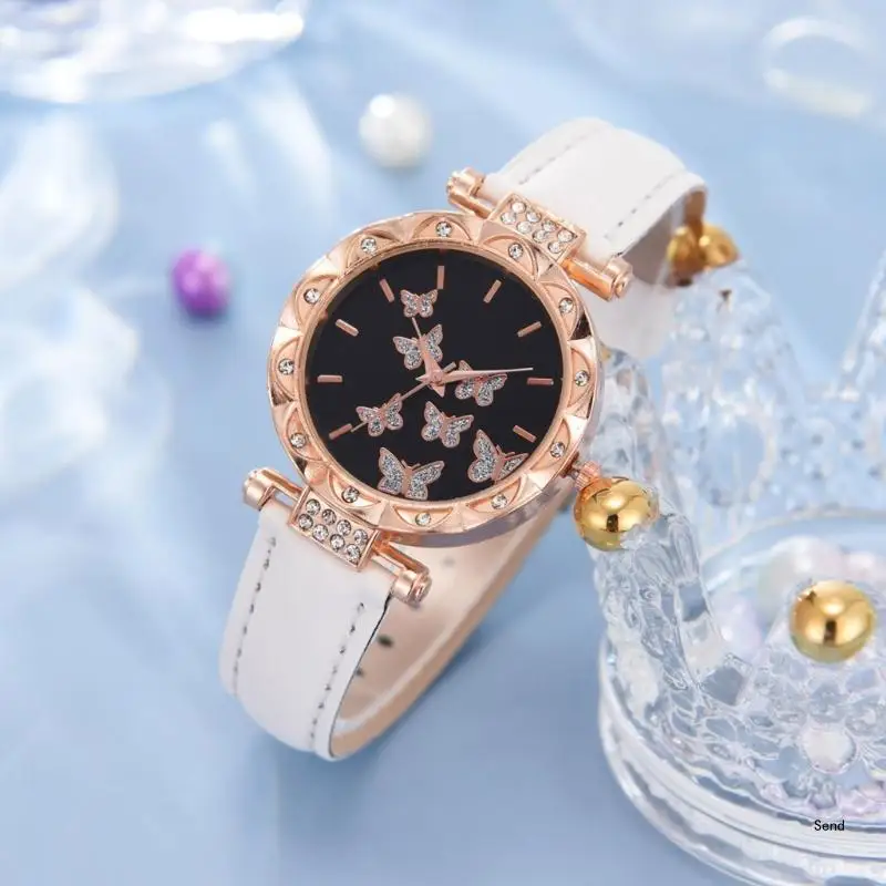 6pcs/set Luxury Watch Women Rings Necklace Earrings Bracelet Set Butterfly Leather Strap Watches Lady Wristwatch No Case