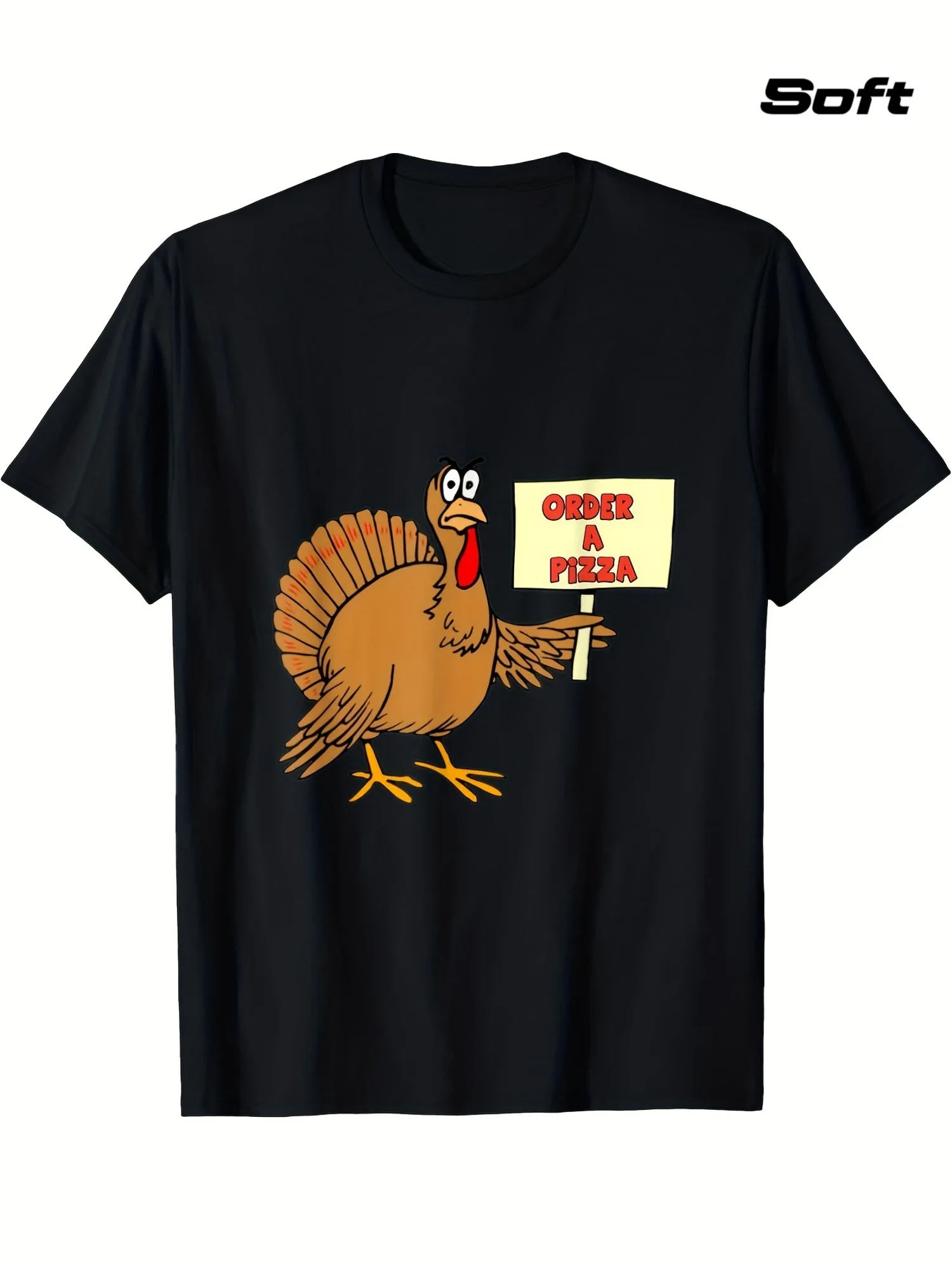 Men's Funny Rescue the Turkey Eating Pizza T-Shirt - Vintage Casual Short-Sleeve Shirt with Turkey and Pizza Print, Soft Round-Neck Short-Sleeve Top, Suitable for Thanksgiving, Christmas, and Everyday Wear - Funny Turkey Party Outfit, Machine Washable, Black