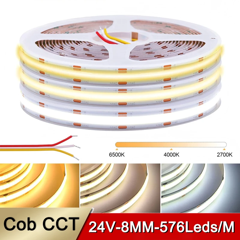 High Brightness 5M/Roll CCT 2700K To 6500K Cob Led Strip Dimmable 24V Ra90 576leds/m 8MM CCT Led Strip Light