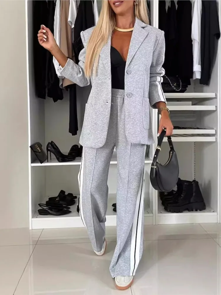 2 Piece Set Women Outfit Winter Fall Fashion V-neck Long Sleeve Blazer Coat Elegant Straight Leg Pant Set Women Sports Clothing