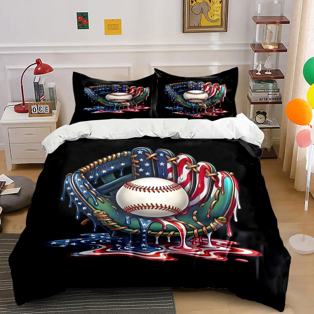 Baseball and American-themed Glove Print Bedding Set 1 Duvet Cover 2 Pillowcases for Adult and Children Luxury Gift Full Size