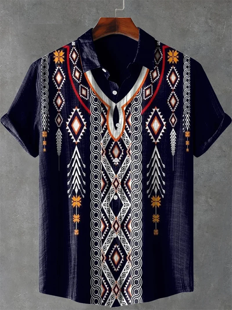 

Men's Vintage Art Shirt Vintage Abstract 3D Geometric Print Short Sleeve Linen Casual Shirt Holiday Clothing