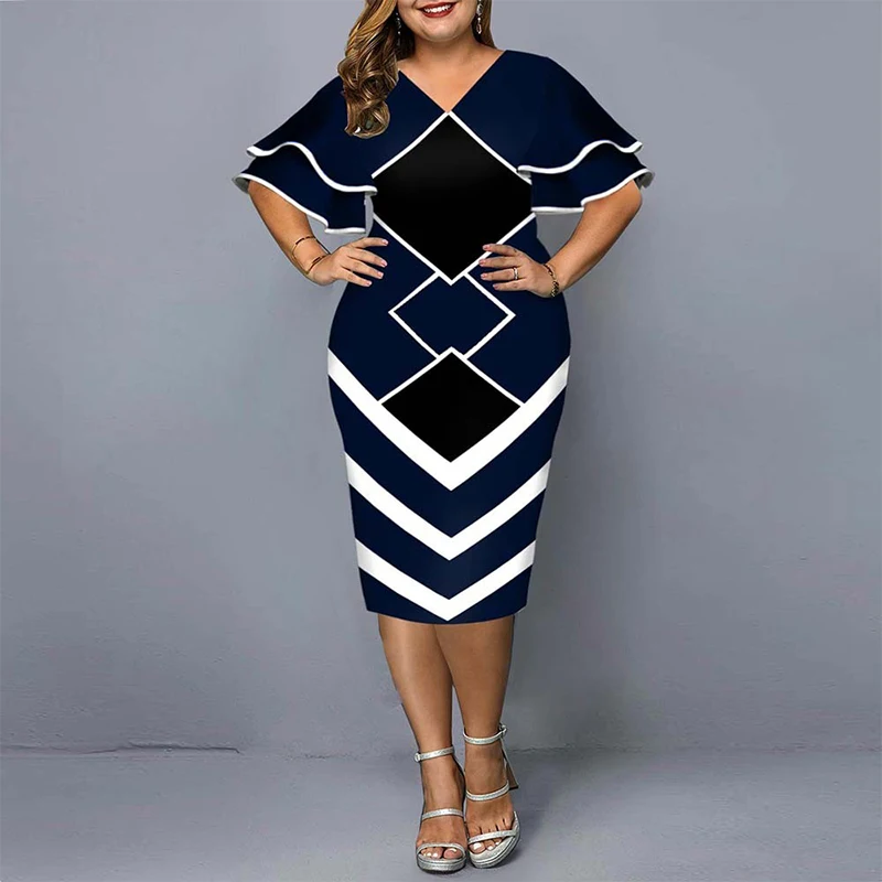 Summer Autumn Plus Size Fashion Elegant Design Package Hip Dress Women Ruffled Slim Geometric Dress Female Y2K Chic Party Dress