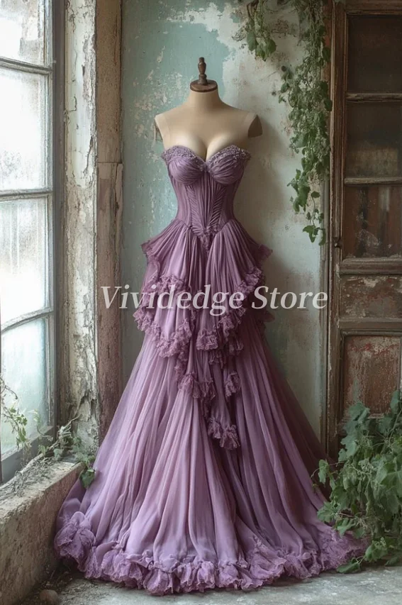 ที่กําหนดเองสีม่วง A-Line Sweetheart คอ Tulle ลูกปัดชุดราตรียาว Vintage Gowns อย่างเป็นทางการชุดแต่งงานชุดราตรี