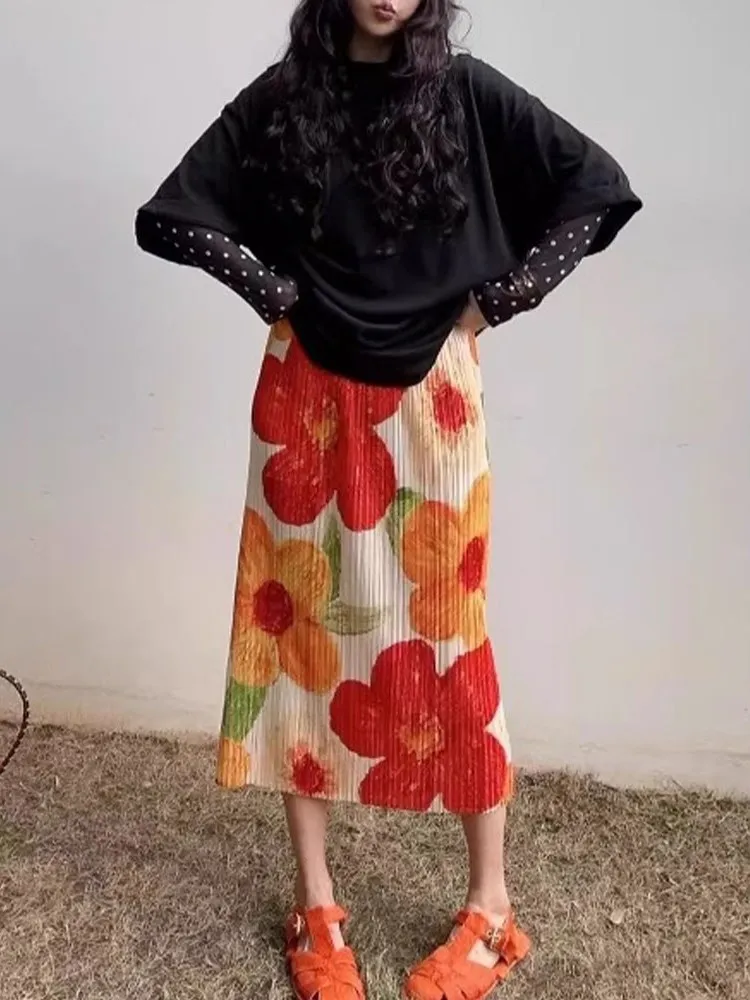 

Slimming High Waist Pleated Skirt Elastic Waist Hip Covering mid Length Summer Fashion Set for Women over 35 Years Old