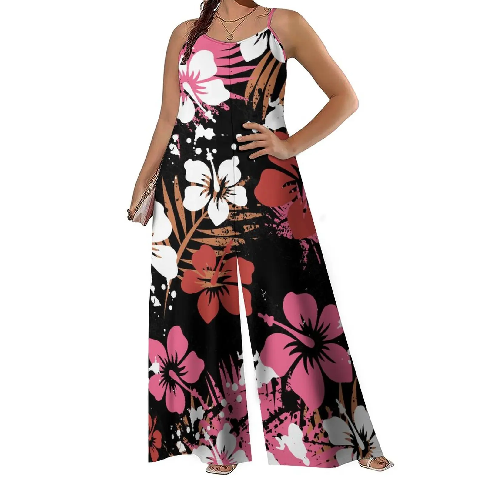 Factory Outlet Spaghetti Strap Sleeveless Lady Wide Leg Playsuits Polynesian Tribal Design Sublimation Print Yellow Rompers