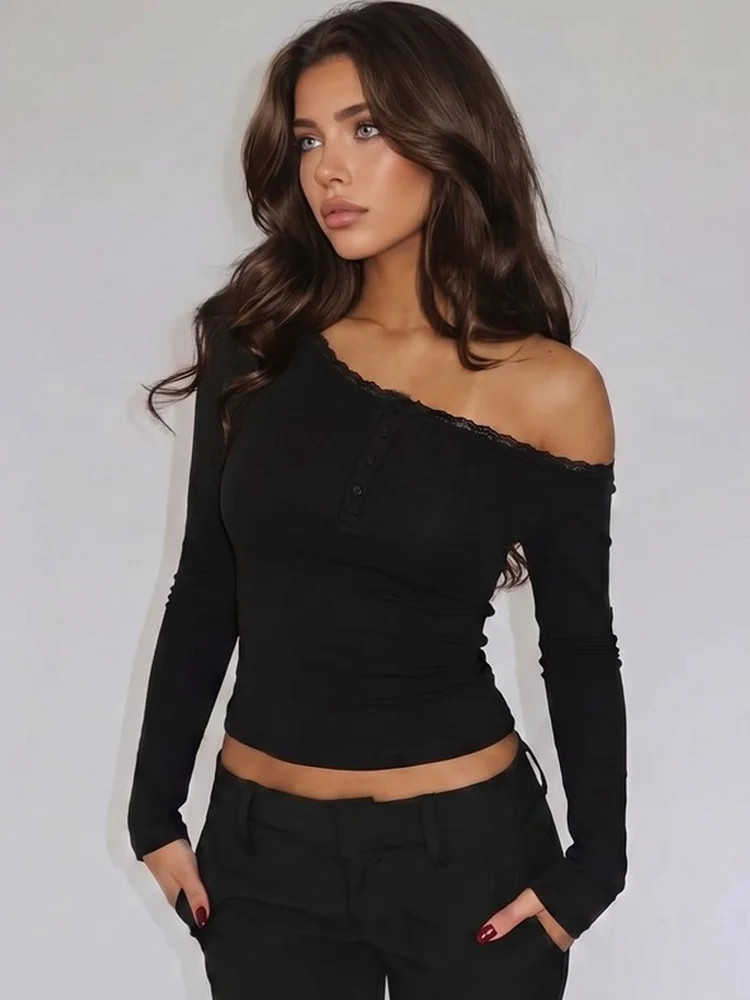 Tossy Women's One Shoulder Crop Top Long Sleeve Button Front Lace Trim Off Shoulder Slim Fit Casual Daily Thumb Hole Autumn Top