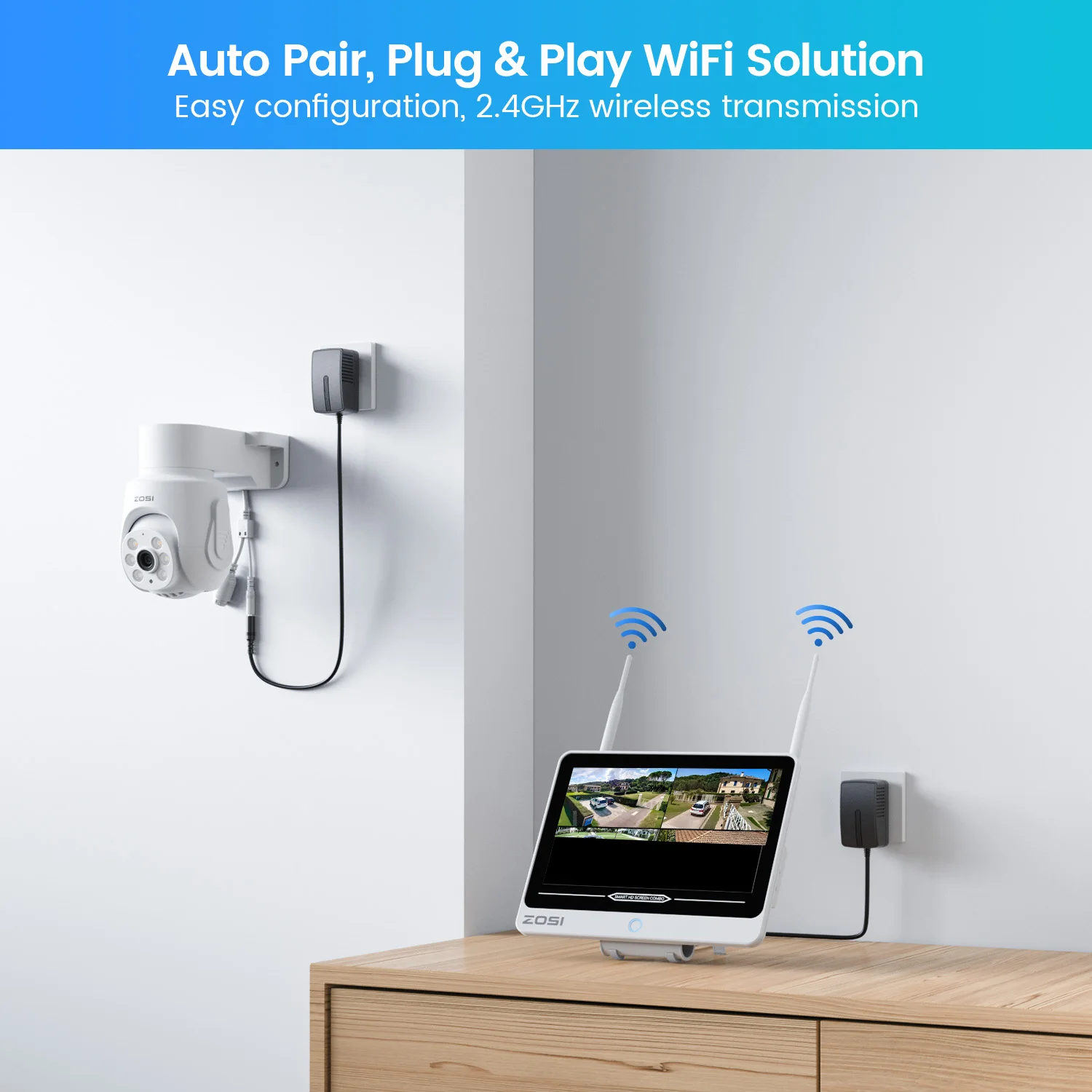 ZOSI 8CH 5MP Wi-Fi 6 sistema de cámaras de seguridad 12 "Monitor LCD AI detección de personas 5mp exterior interior Pan Tilt cámaras WiFi enchufables