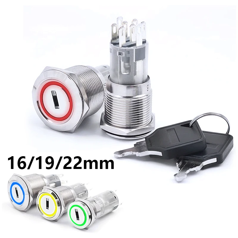 16mm 19mm 22mm Metal Waterproof Belt Key Button Stainless Steel Knob Key Selection Switch LED Light IP65 Key Rotary Push Button