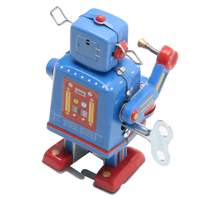 Mainan Robot berjalan logam Clockwork Retro, koleksi Vintage hadiah anak-anak