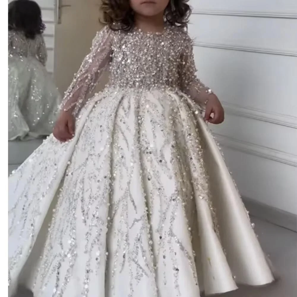 MisShow Custom Flower Girl Dress Wedding Dress First Christmas Dress Party Dress Long Sleeve Sequin Princess Kids Formal Dress