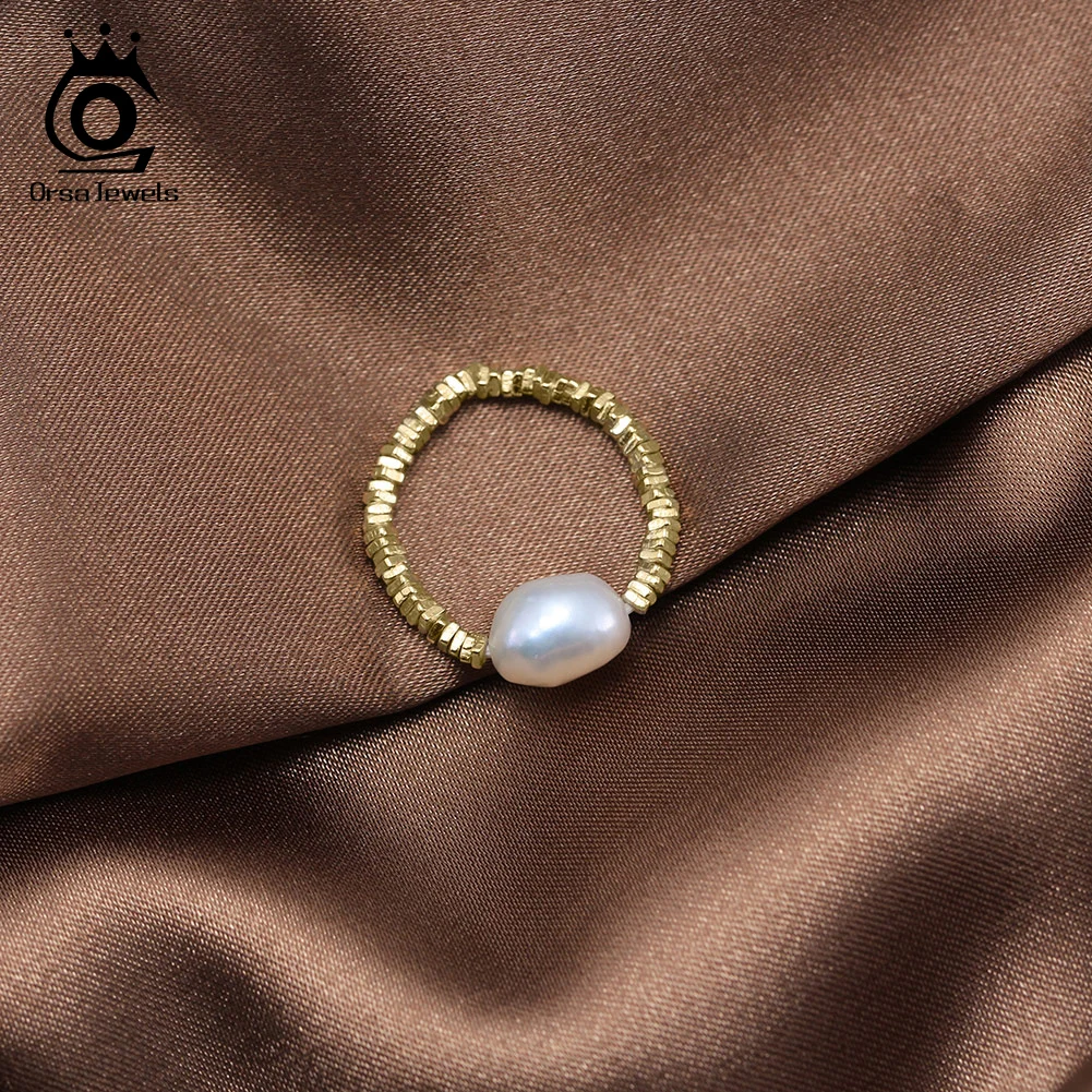 ORSA JEWELS Elegant 925 Sterling Silver 8mm Natural Freshwater Pearl Rings Adjustable 14K Gold Nugget Chain Ring for Women GPR21