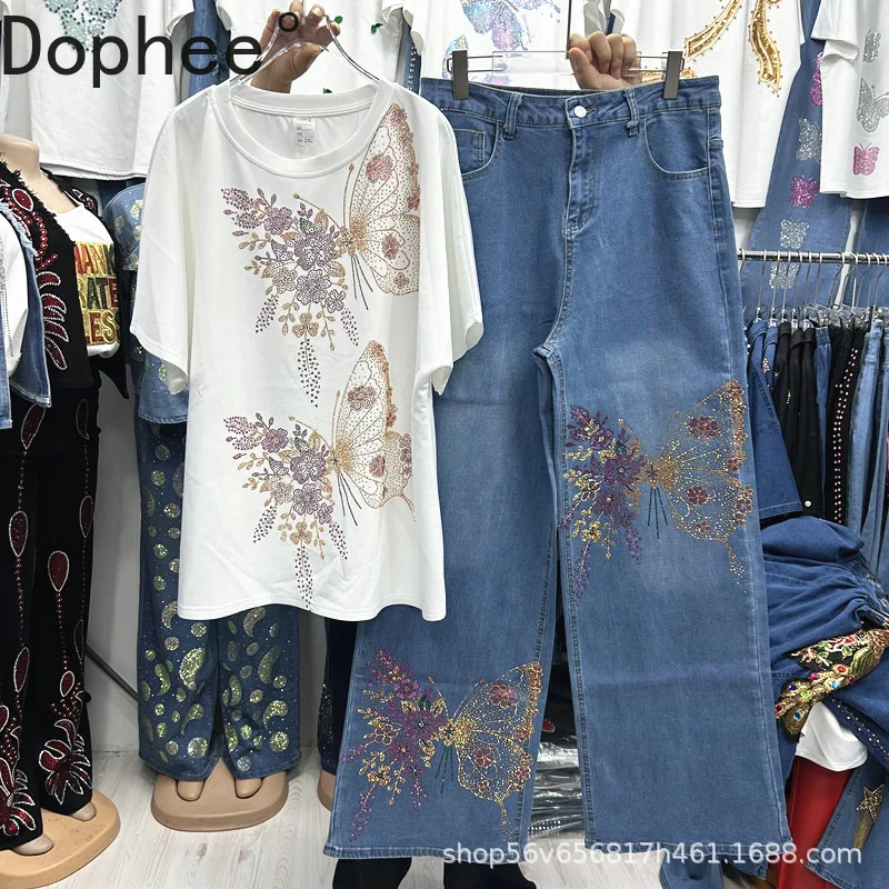 

Spring Autumn Women Two-piece Set Hot Diamonds Butterfly Round Neck Short Sleeve T-shirt Top + High Waist Wide Leg Casual Jeans