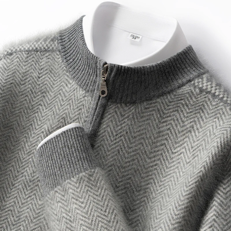 Autumn/Winter New Men's 100% Pure Cashmere Pullover Casual Zipper Knitted Sweater Loose Half High Neck Tops Thick Warm Jumper