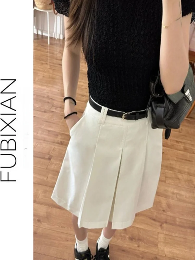Abito bianco Gonna a pieghe Sle Gonna casual versatile da donna Faionable Design a vita media Lunghezza midi di Fubian