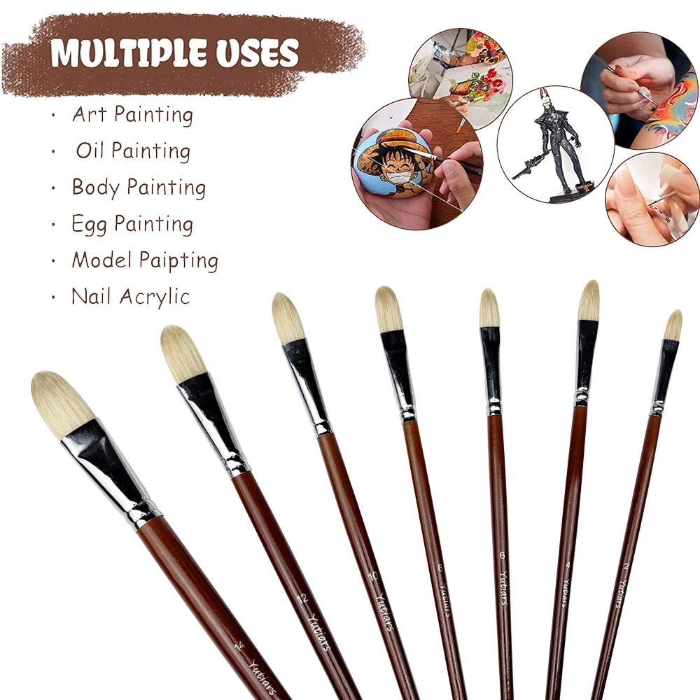 Professional Hog Bristle Filbert Oil Paint Brushes Set, 7pcs Long Wooden Handle Natural Chungking Hog for Oil Acrylic Painting