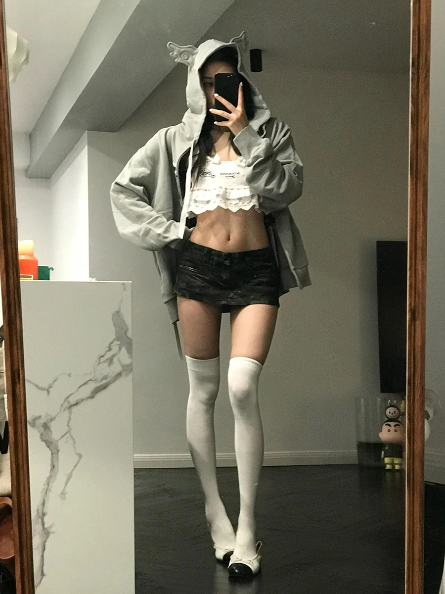 ReddaChic Y2k المرأة التمويه جان Skorts الدنيم سستة منخفضة الخصر ألف خط الدنيم تنورة السراويل 2 في 1 خمر الصيف الشارع الشهير #6