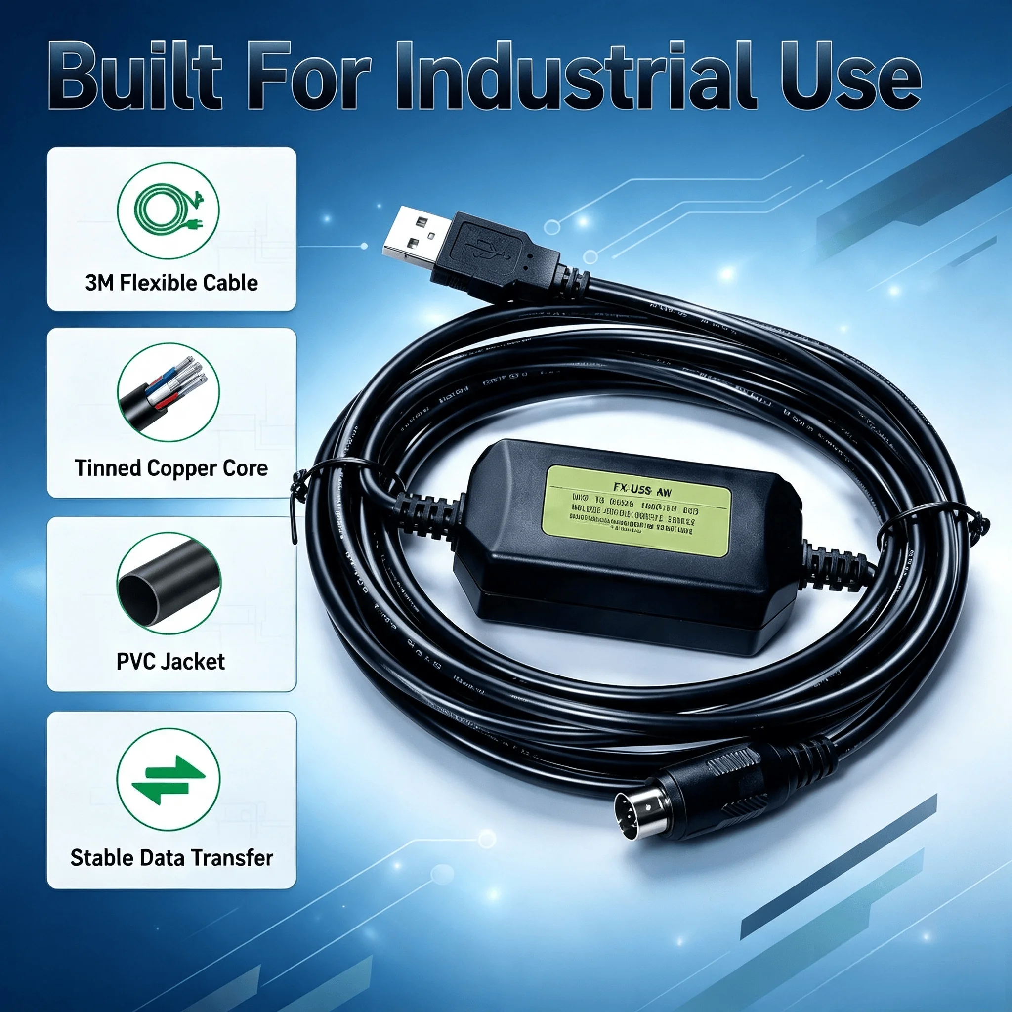 FX-USB-AW USB Programming Download Cable for Mitsubishi FX3U FX3G FX3UC FX3GA FX3SA PLC, 5V 3M Communication Cord