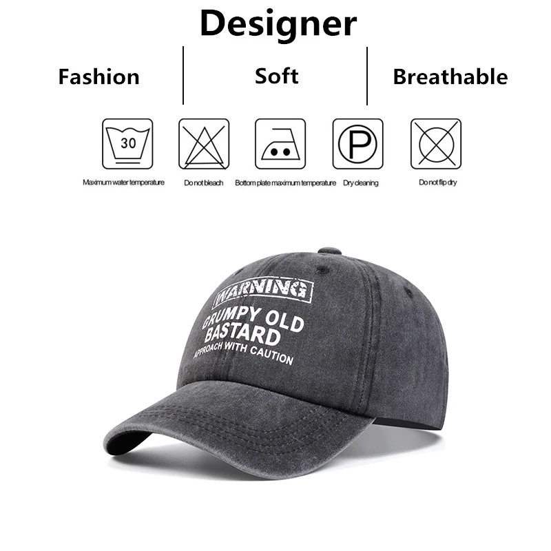 Unisex WARNING GRUMPY OLD BASTARD Print Wash Baseball Caps Spring and Autumn Outdoor Adjustable Casual Hats Sunscreen Hat