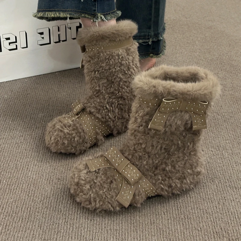 الفراء الشقق المرأة حذاء من الجلد الدافئة قصيرة أفخم الثلوج الأحذية موضة أحذية الشتاء 2025 أحذية قطنية الراحة غير رسمية Mujer De Botas #2